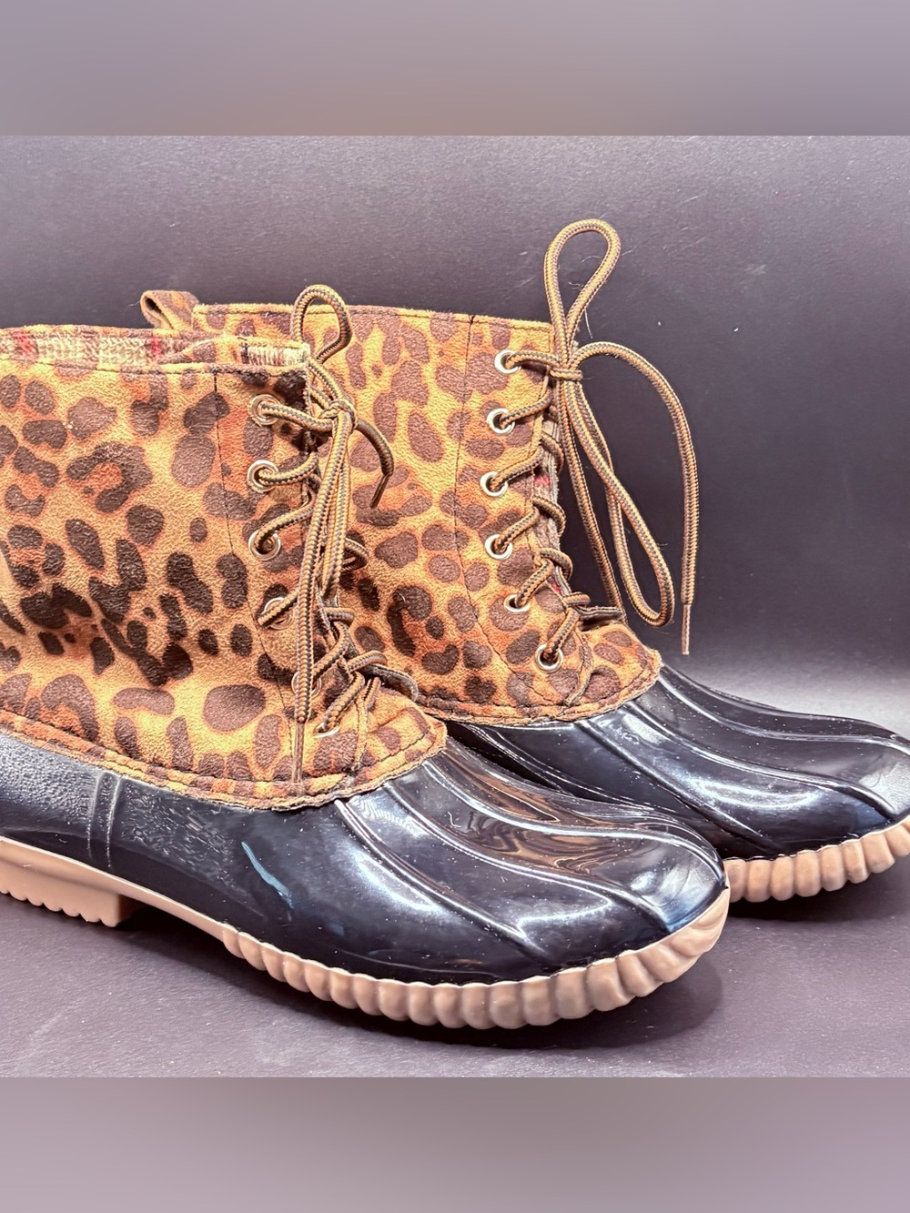 Yoki Leopard Print Lace-Up Winter Duck Boots in Brown and Black